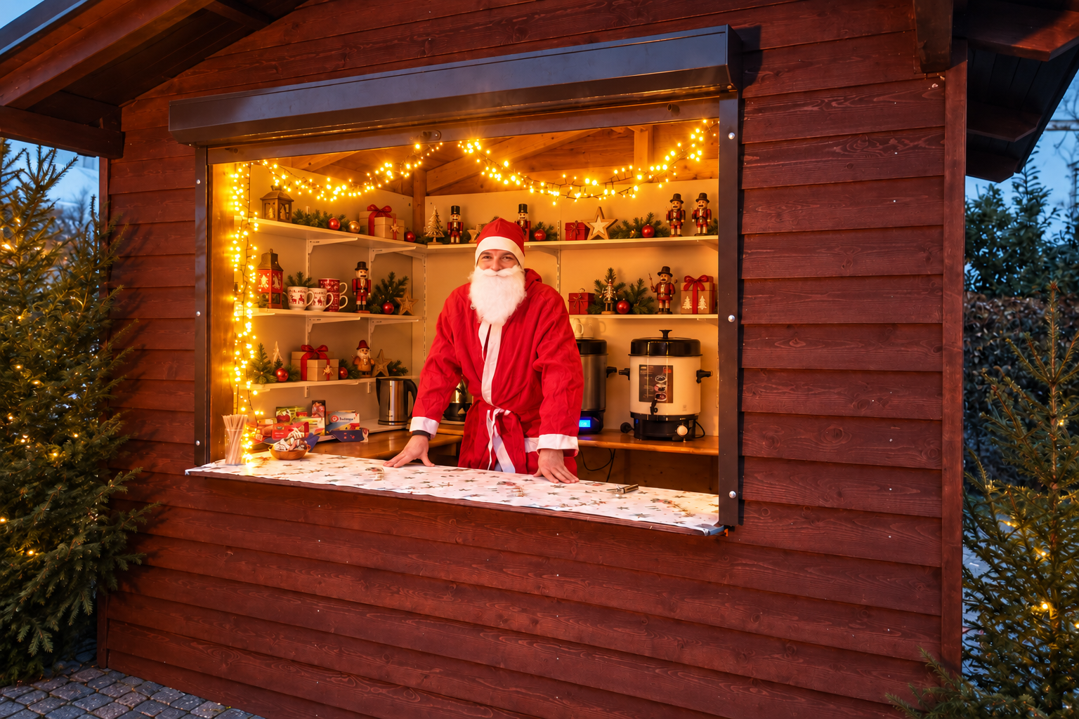 Festlich geschmückter Stand mit Weihnachtsmann beim Feuerwehrverein Kirchberg.